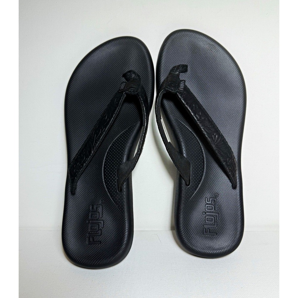 Flojos Rosita Black Floral-Textured Flip Flop Sandals 7 EUC